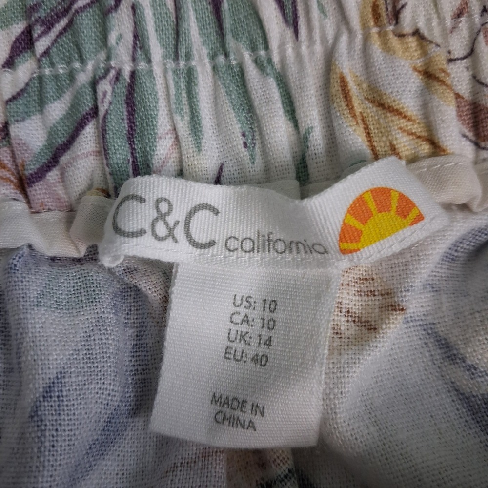 C&C California Tropical‎ Floral Linen Blend Shorts High Waist Tie Belt White 10 - Picture 4 of 12